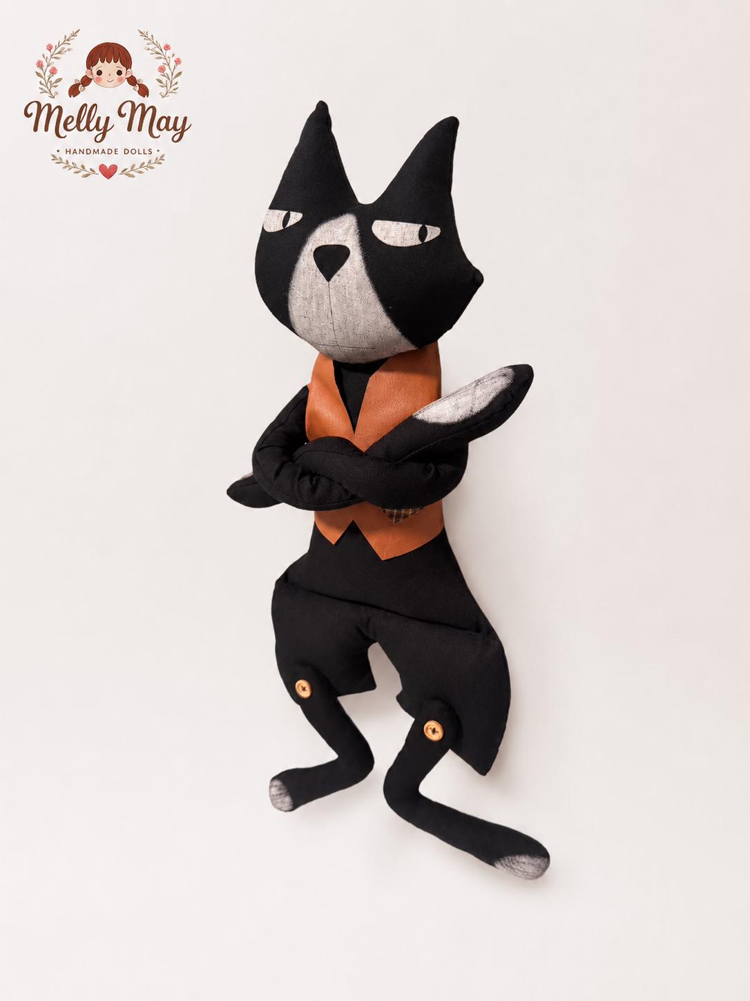 Handmade Black Cat Cloth Doll, Primitive Folk Art Halloween Decor