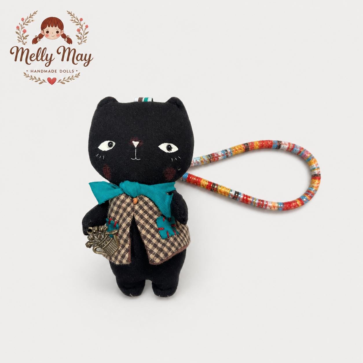 Black Cat Handmade Bag Charm, Moody Fabric Keychain, Patchwork Cat Lover Gift