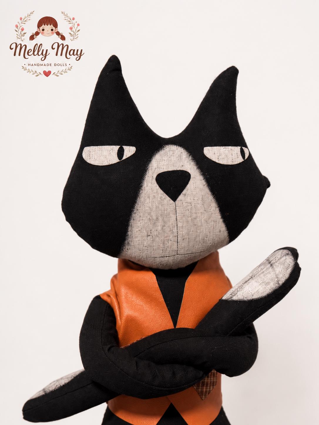 Handmade Black Cat Cloth Doll, Primitive Folk Art Halloween Decor