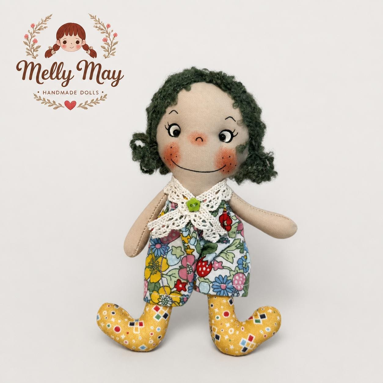 Green Haired Floral Girl Doll Bag Charm, Handmade Rag Doll Keychain, Baby Shower Gift
