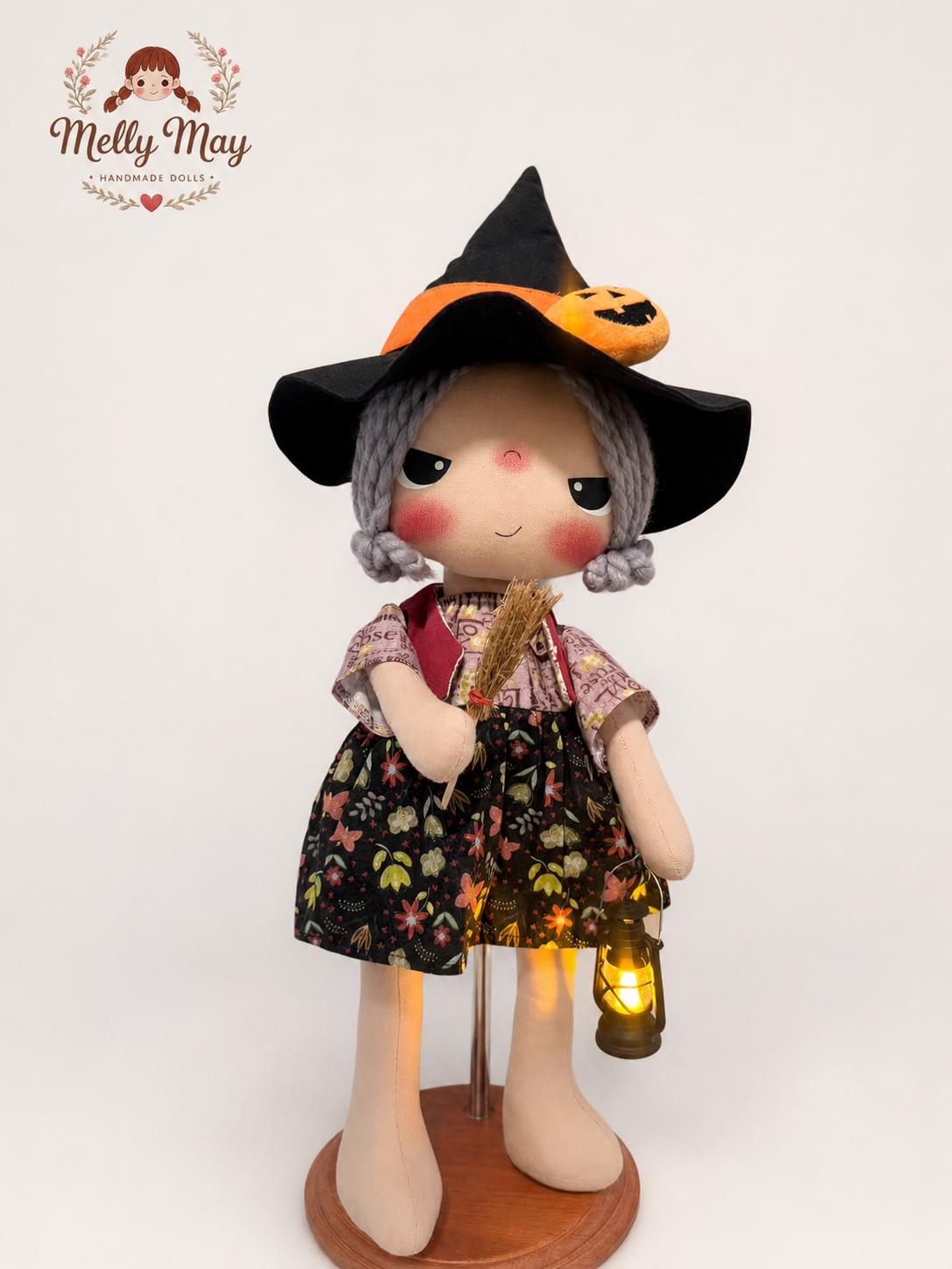 Handmade Halloween Witch Devil Doll Set, Light Up Lantern, Fall Decor