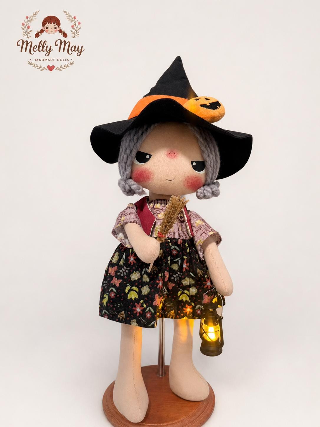 Handmade Halloween Witch Doll with Broom and Light-Up Lantern, Fall Shelf Decor