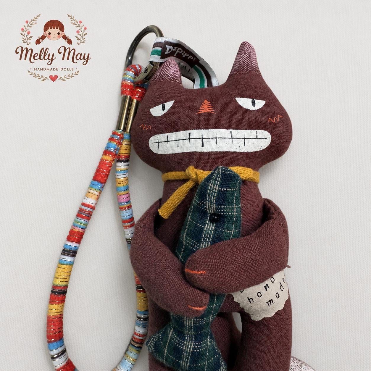 Brown Grinning Cat Handmade Bag Charm, Fish Hugging Fabric Keychain, Quirky Cat Gift