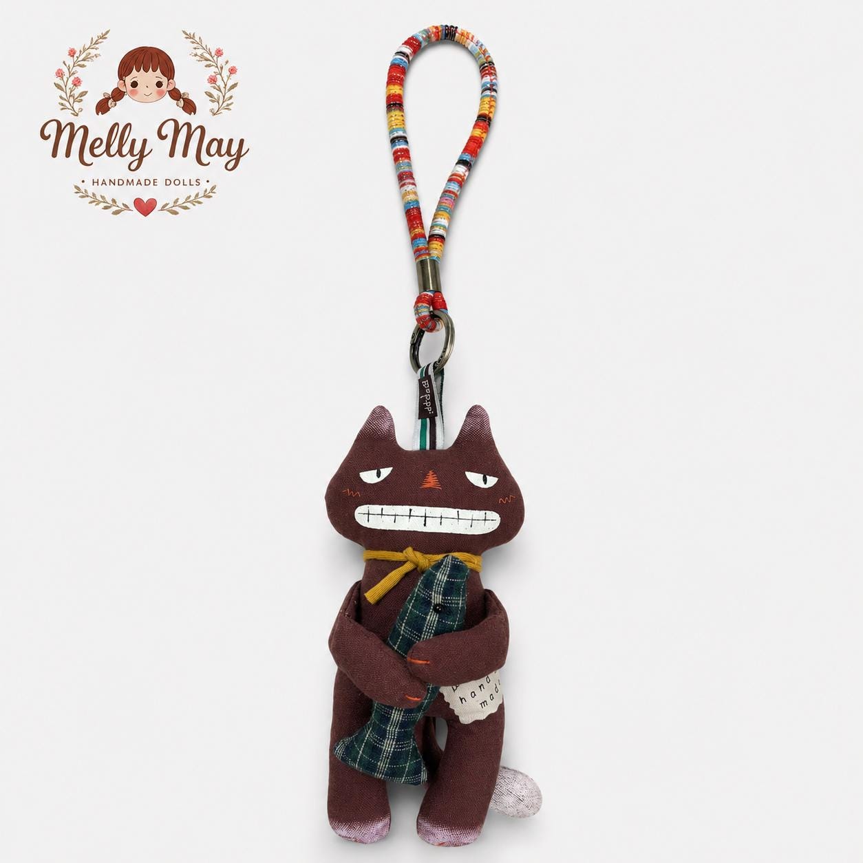 Brown Grinning Cat Handmade Bag Charm, Fish Hugging Fabric Keychain, Quirky Cat Gift
