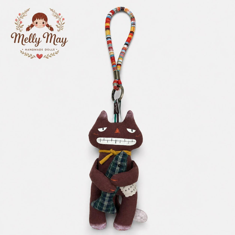Brown Grinning Cat Handmade Bag Charm, Fish Hugging Fabric Keychain, Quirky Cat Gift