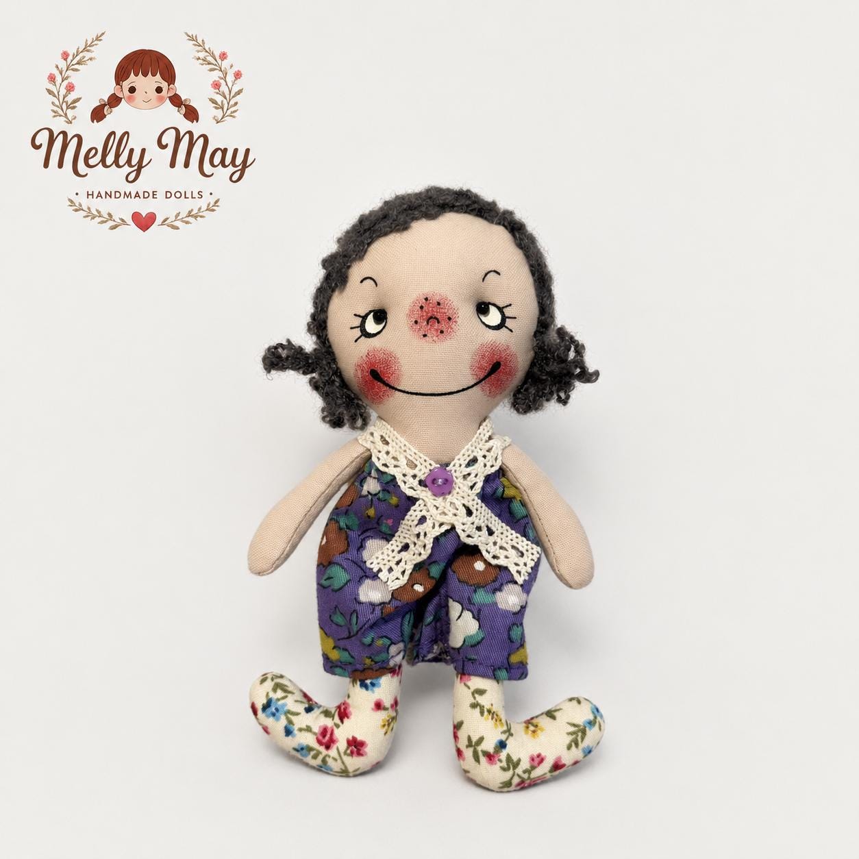 Handmade Gray Haired Girl Doll Bag Charm, Cloth Rag Doll Keychain, Nursery Decor