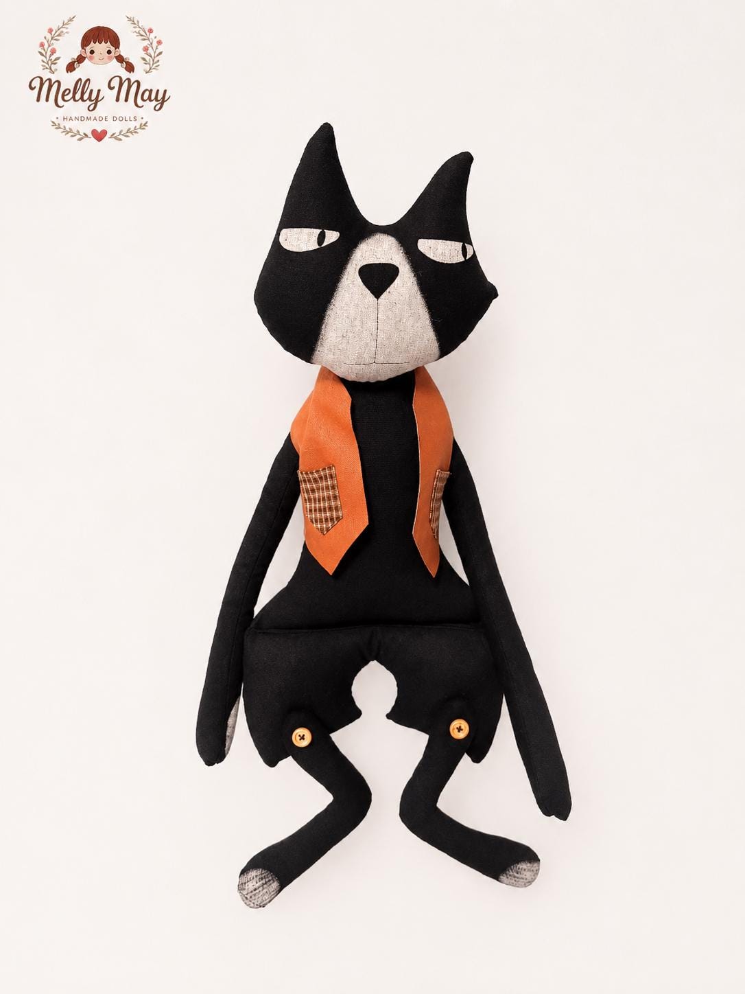 Handmade Black Cat Cloth Doll, Primitive Folk Art Halloween Decor