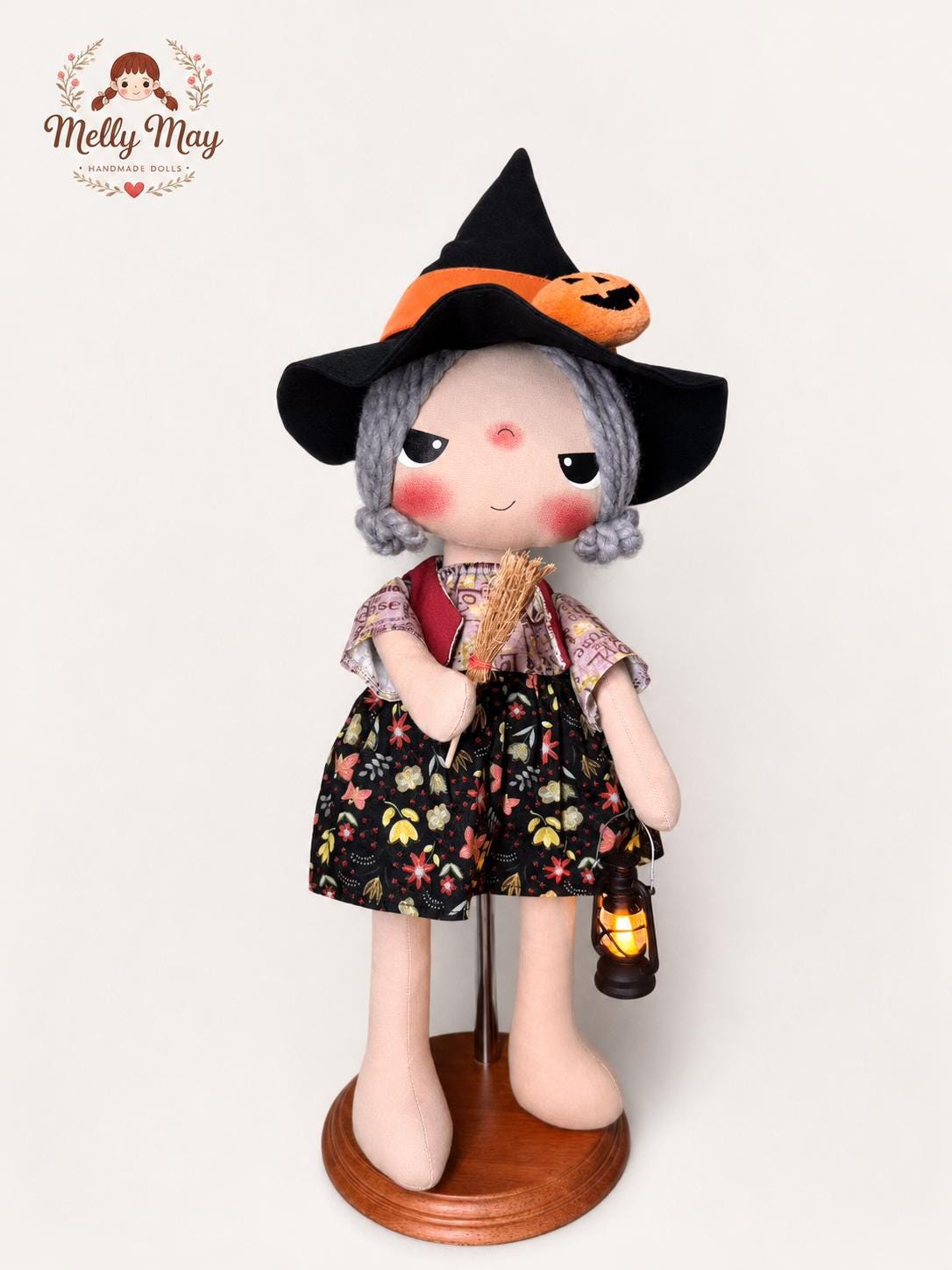 Handmade Halloween Witch Doll with Broom and Light-Up Lantern, Fall Shelf Decor