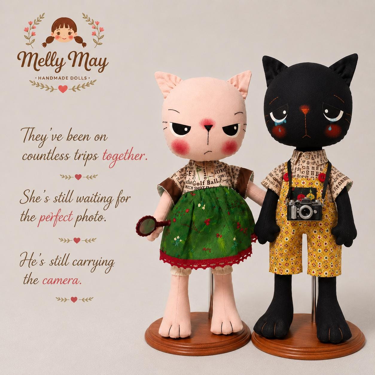 Vintage Traveler Cat Couple – Handmade Art Dolls