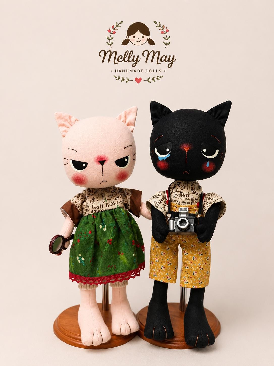 Vintage Traveler Cat Couple – Handmade Art Dolls