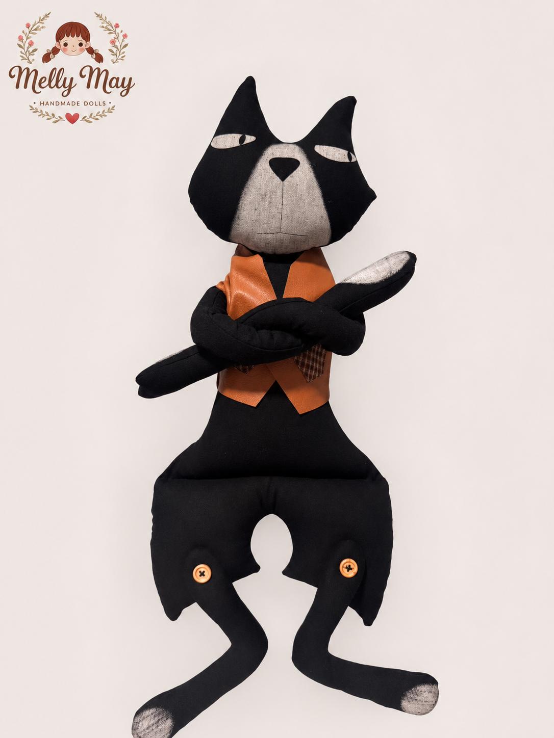 Handmade Black Cat Cloth Doll, Primitive Folk Art Halloween Decor