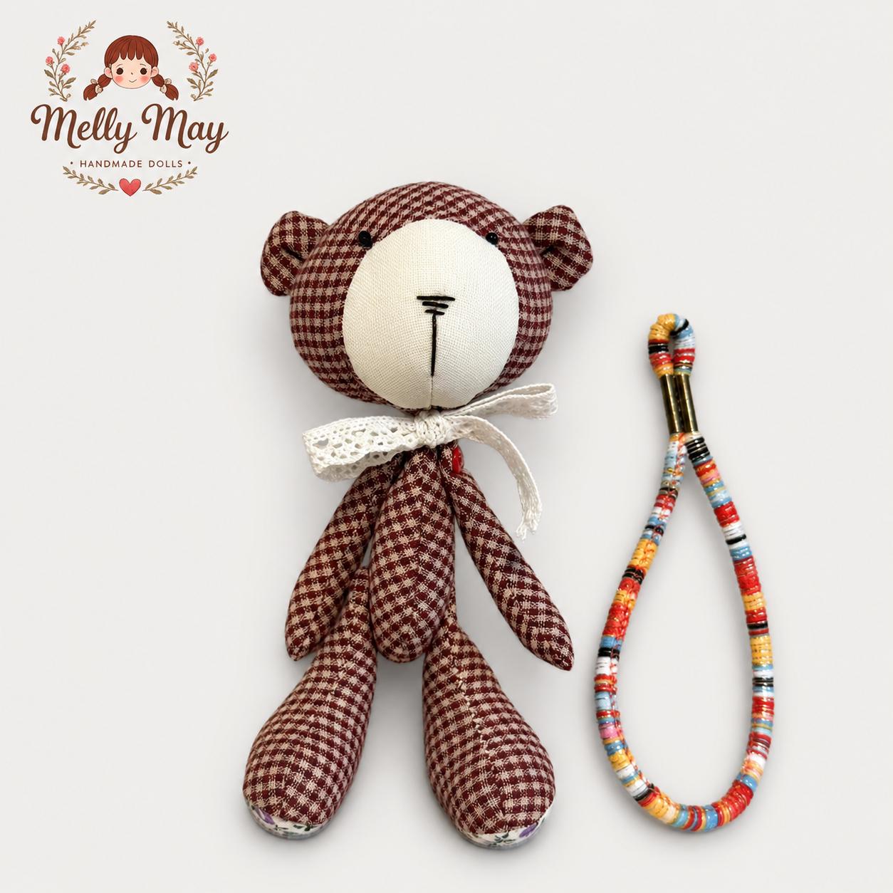 Red Gingham Teddy Bear Bag Charm, Handmade Fabric Doll