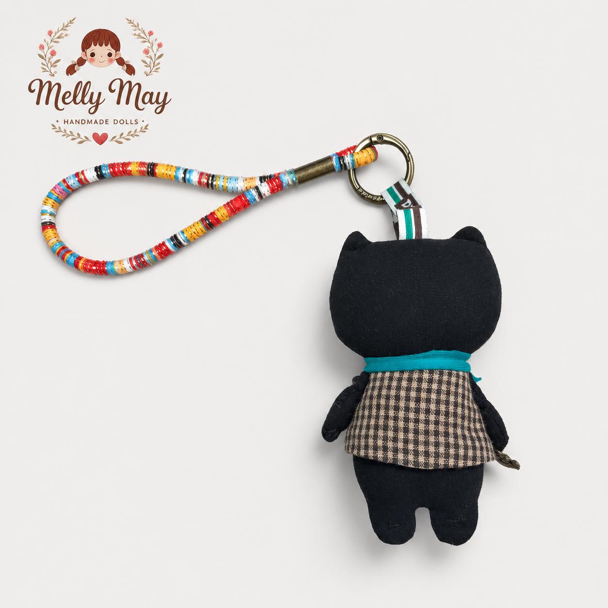 Black Cat Handmade Bag Charm, Moody Fabric Keychain, Patchwork Cat Lover Gift