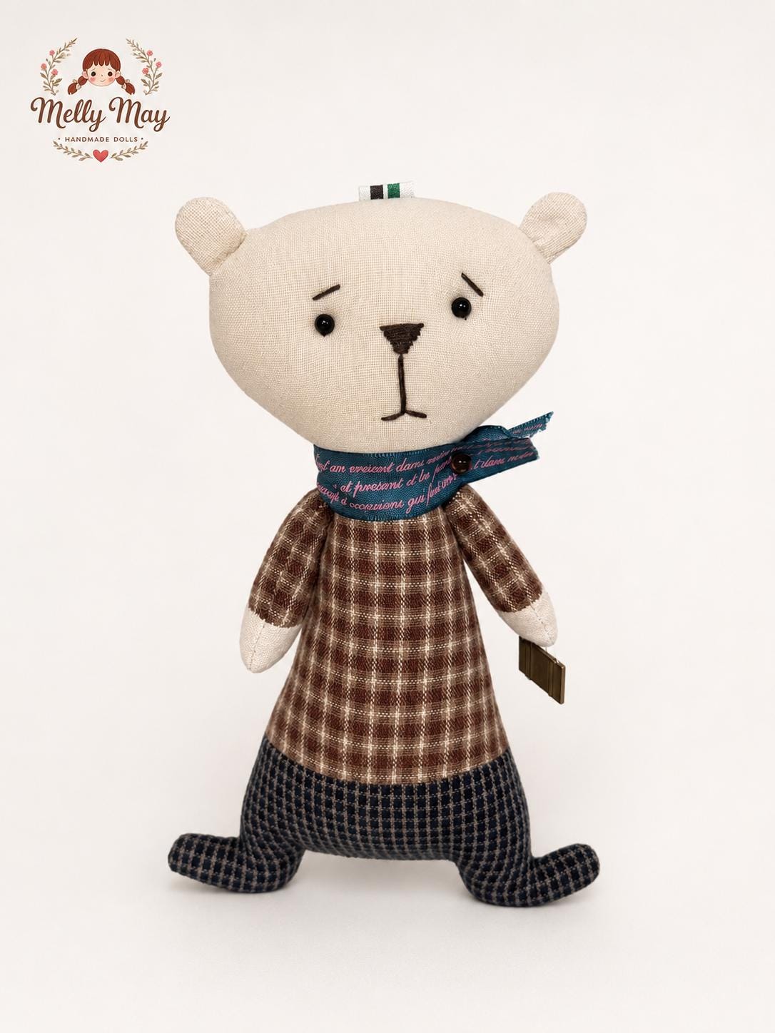 Handmade Brown Bear Keychain Doll, Plaid Fabric Bag Charm, Cloth Animal Accessory