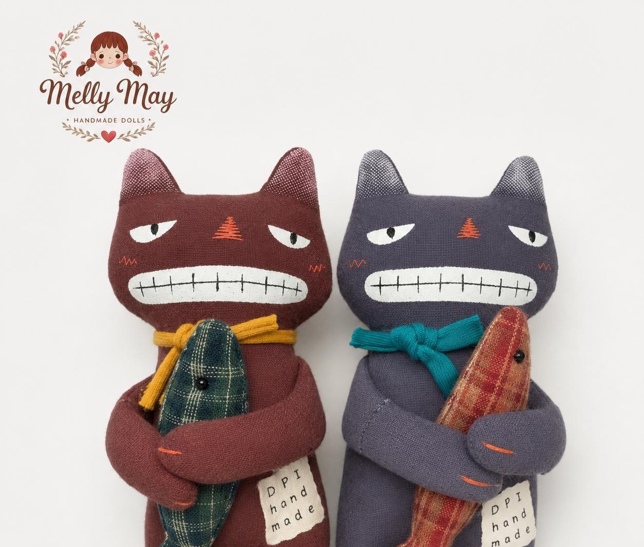 Brown Grinning Cat Handmade Bag Charm, Fish Hugging Fabric Keychain, Quirky Cat Gift
