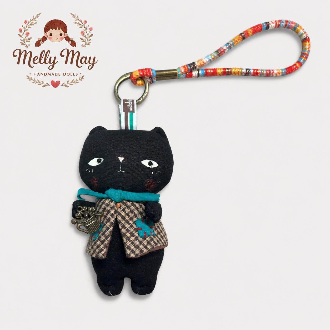 Black Cat Handmade Bag Charm, Moody Fabric Keychain, Patchwork Cat Lover Gift