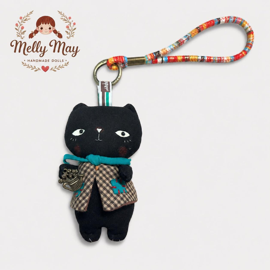 Black Cat Handmade Bag Charm, Moody Fabric Keychain, Patchwork Cat Lover Gift