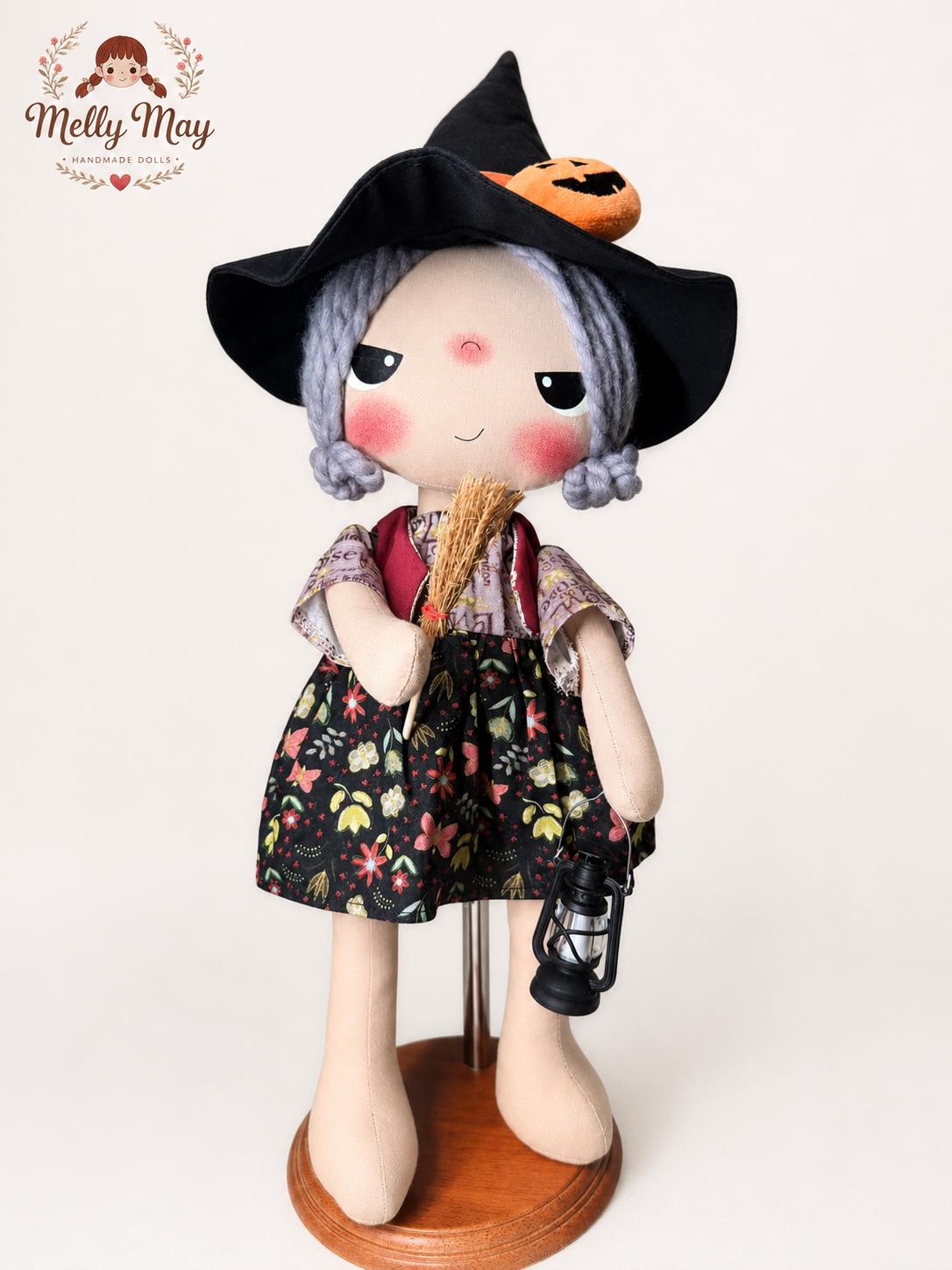 Handmade Halloween Witch Doll with Broom and Light-Up Lantern, Fall Shelf Decor
