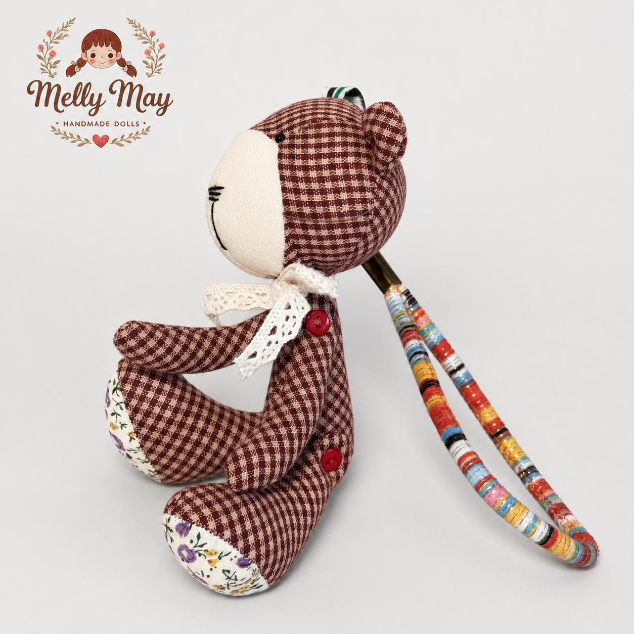 Red Gingham Teddy Bear Bag Charm, Handmade Fabric Doll