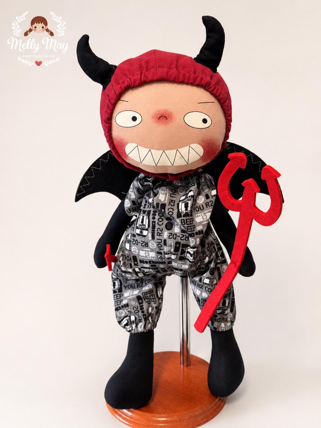 Halloween Devil Handmade Cloth Doll, Big Smile Fabric Art Doll, Fall Collectible Gift