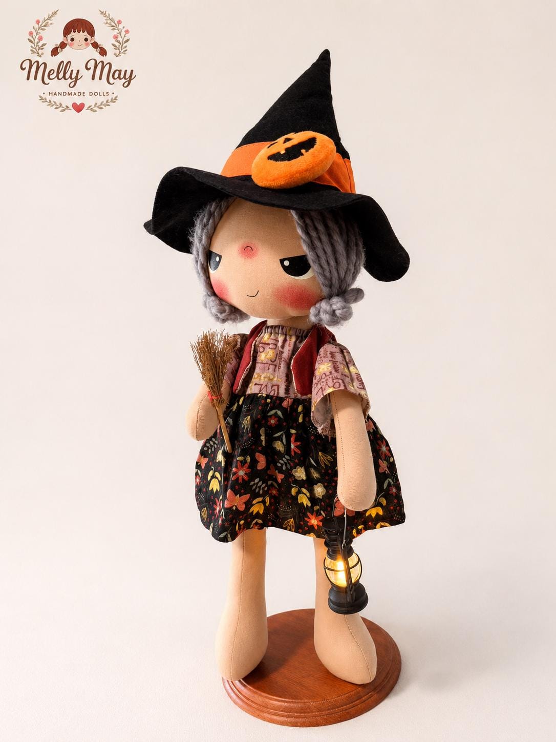 Handmade Halloween Witch Doll with Broom and Light-Up Lantern, Fall Shelf Decor