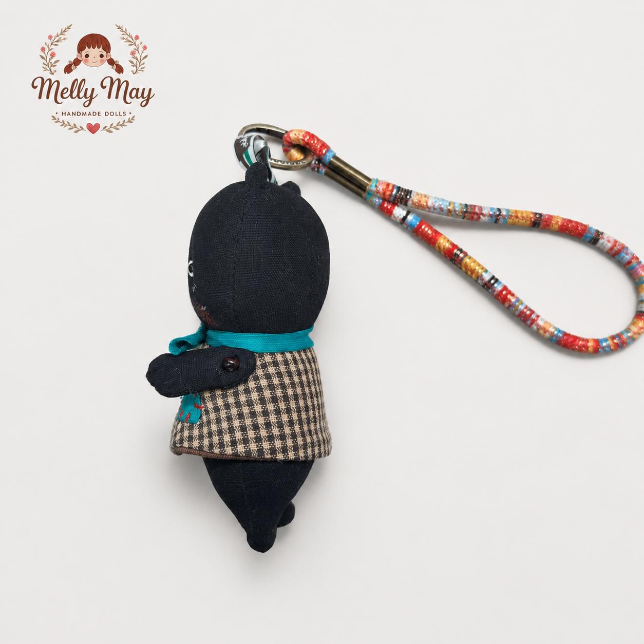 Black Cat Handmade Bag Charm, Moody Fabric Keychain, Patchwork Cat Lover Gift