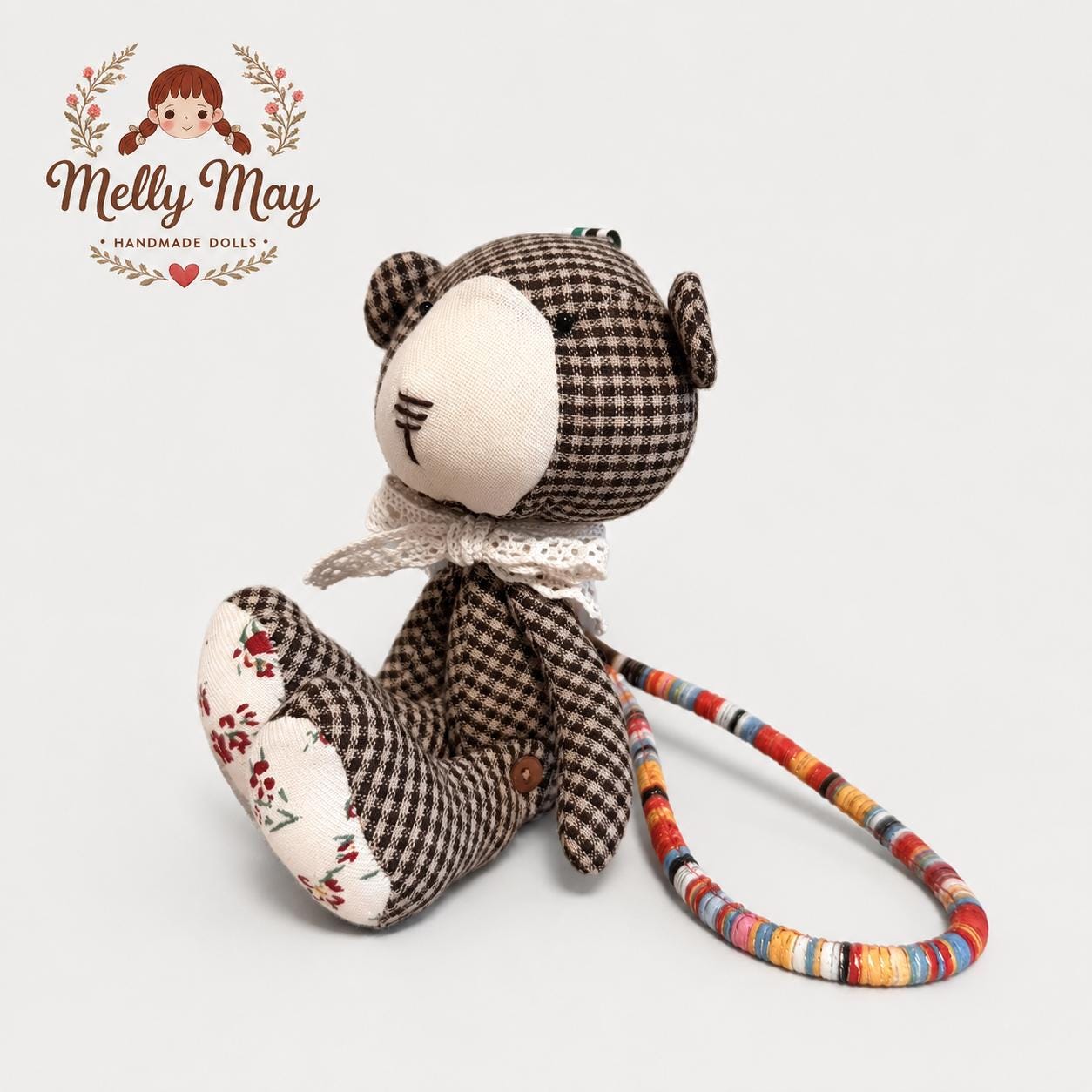 Brown Gingham Teddy Bear Bag Charm, Handmade Fabric Bear Doll, Collectible Nursery Decor Gift