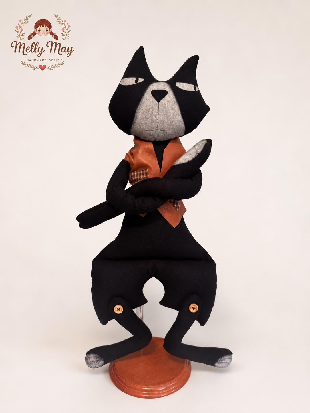 Handmade Black Cat Cloth Doll, Primitive Folk Art Halloween Decor
