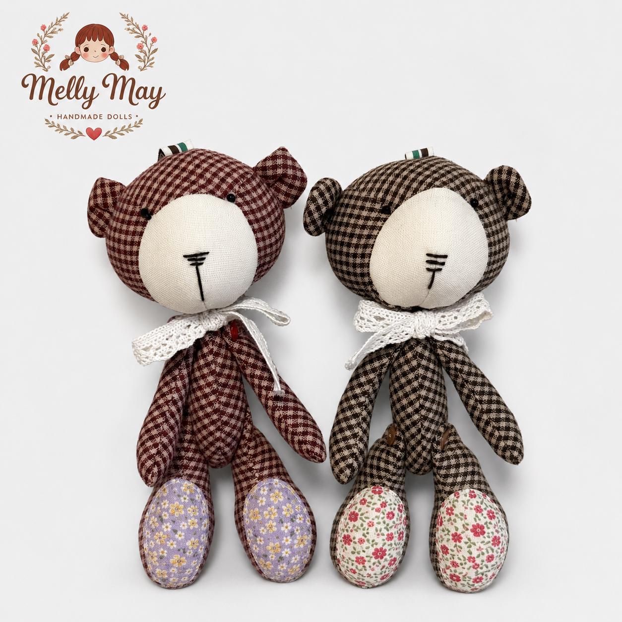Red Gingham Teddy Bear Bag Charm, Handmade Fabric Doll