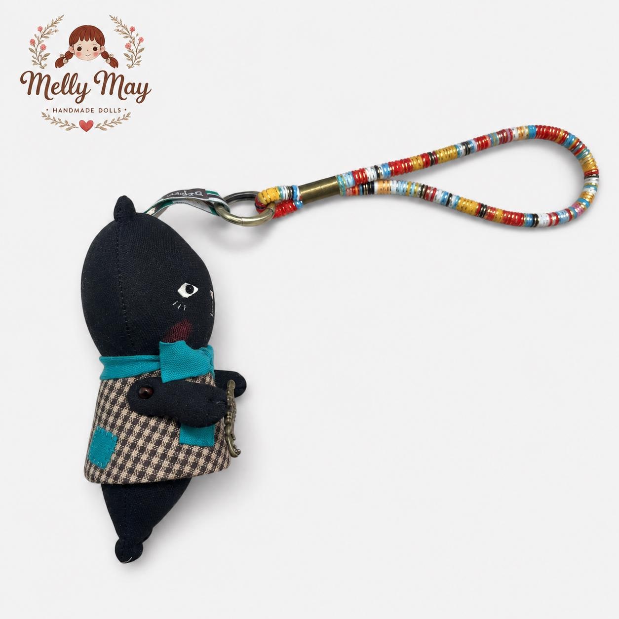 Black Cat Handmade Bag Charm, Moody Fabric Keychain, Patchwork Cat Lover Gift