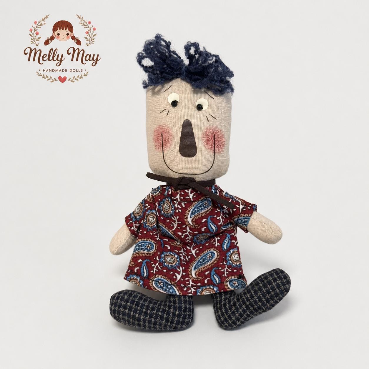Blue Haired Boy Doll Bag Charm, Handmade Cloth Rag Doll, Unique Baby Shower Gift
