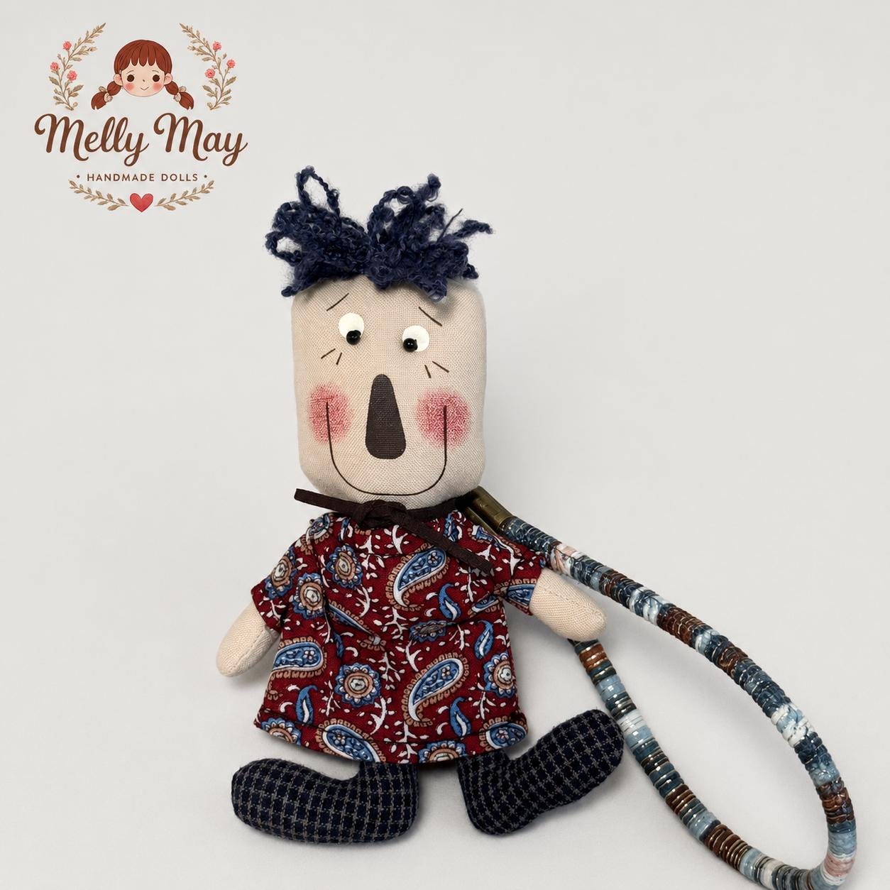 Blue Haired Boy Doll Bag Charm, Handmade Cloth Rag Doll, Unique Baby Shower Gift