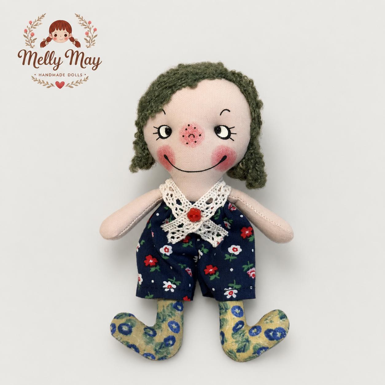 Green Haired Cloth Doll Charm, Handmade Rag Doll Keychain, Baby Shower Keepsake