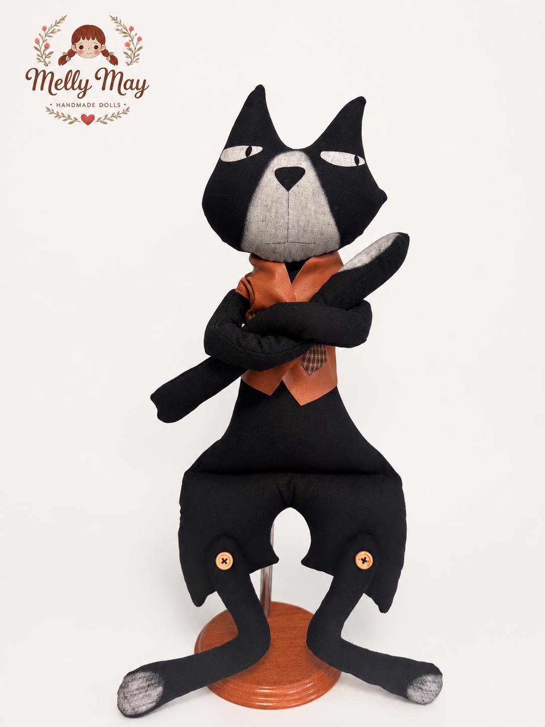 Handmade Black Cat Cloth Doll, Primitive Folk Art Halloween Decor