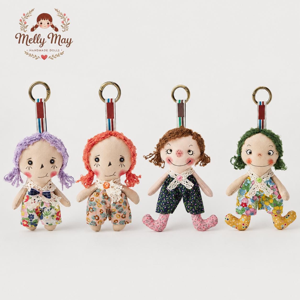 Handmade Gray Haired Girl Doll Bag Charm, Cloth Rag Doll Keychain, Nursery Decor
