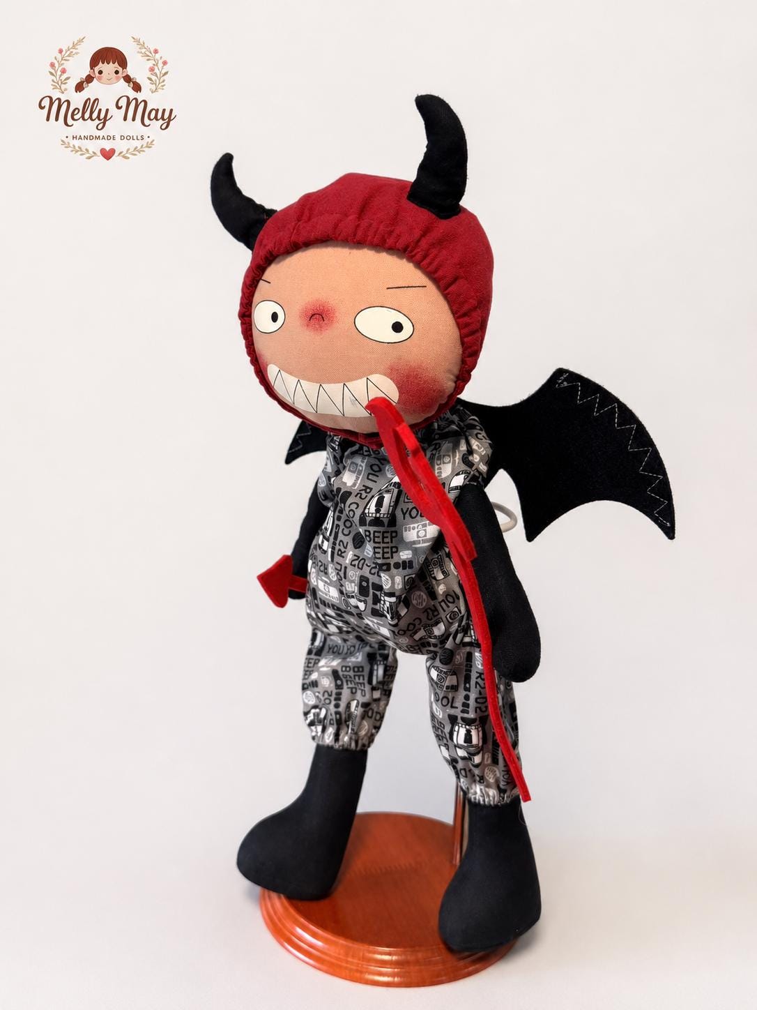 Halloween Devil Handmade Cloth Doll, Big Smile Fabric Art Doll, Fall Collectible Gift