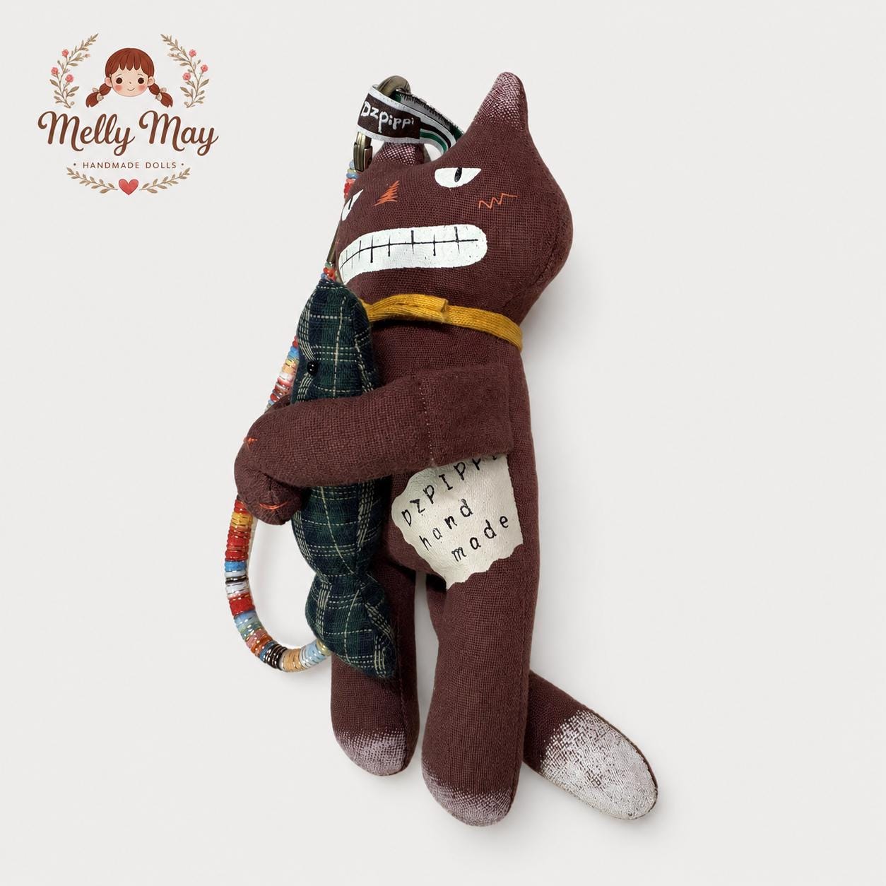 Brown Grinning Cat Handmade Bag Charm, Fish Hugging Fabric Keychain, Quirky Cat Gift