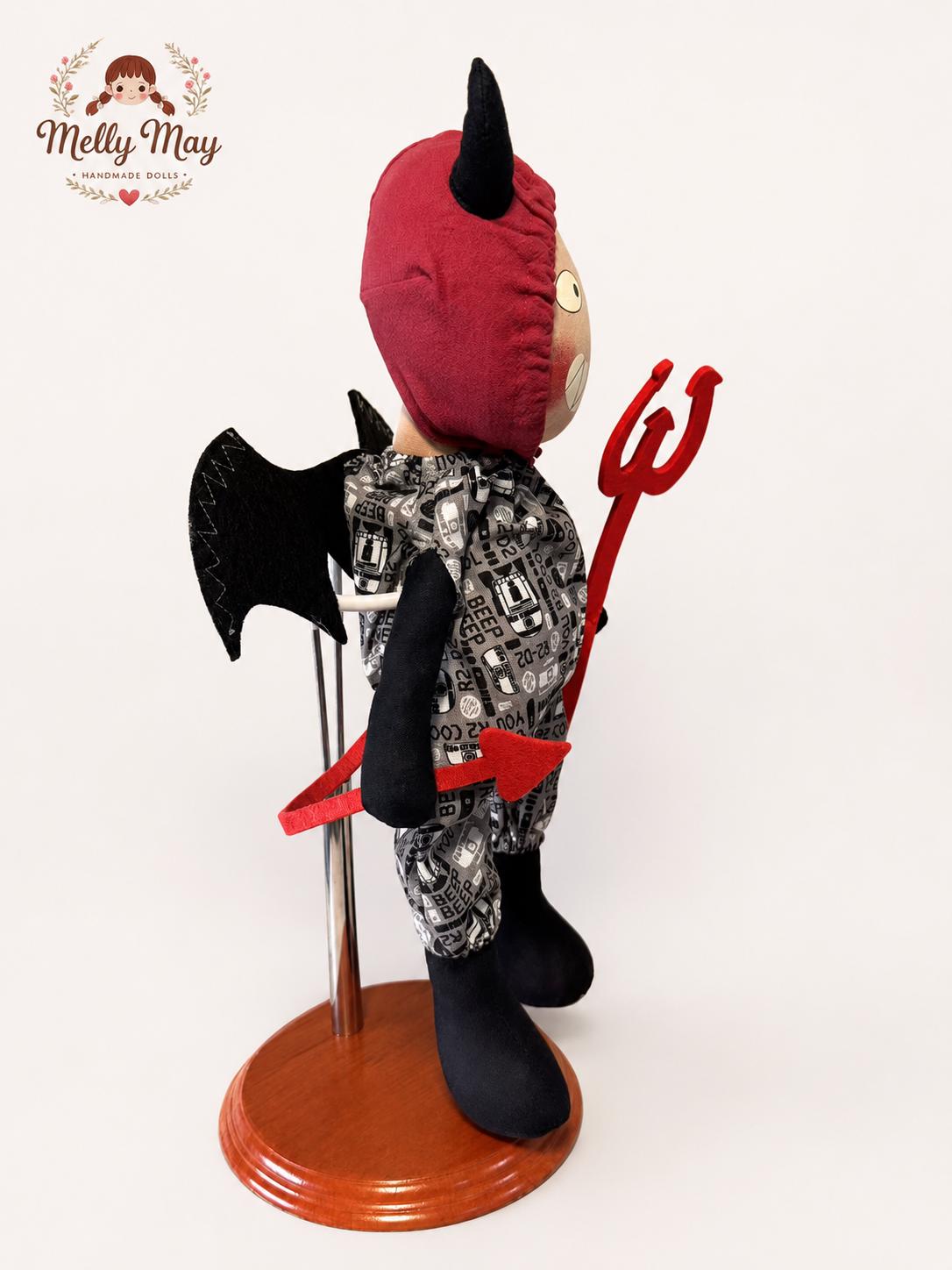 Halloween Devil Handmade Cloth Doll, Big Smile Fabric Art Doll, Fall Collectible Gift