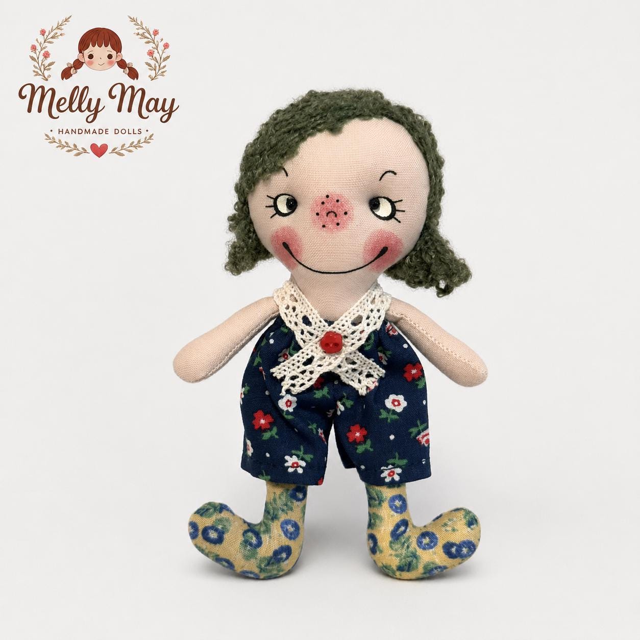 Green Haired Cloth Doll Charm, Handmade Rag Doll Keychain, Baby Shower Keepsake