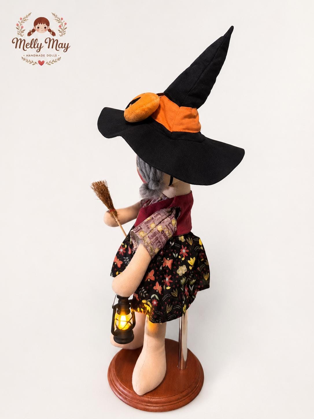Handmade Halloween Witch Doll with Broom and Light-Up Lantern, Fall Shelf Decor