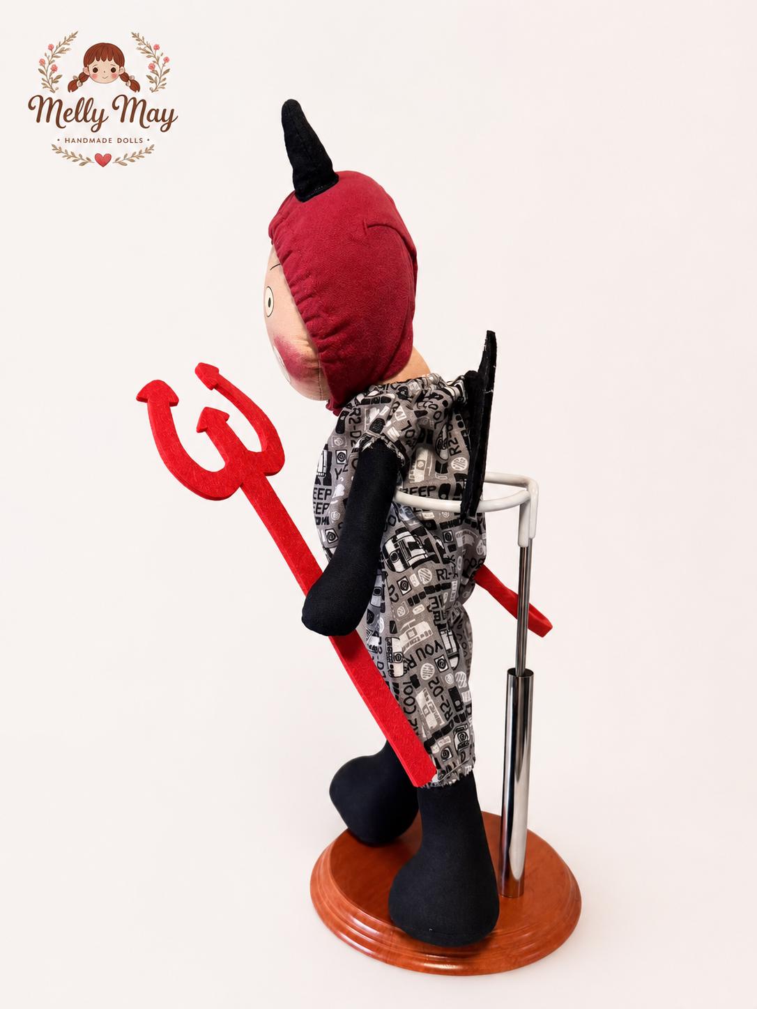 Halloween Devil Handmade Cloth Doll, Big Smile Fabric Art Doll, Fall Collectible Gift