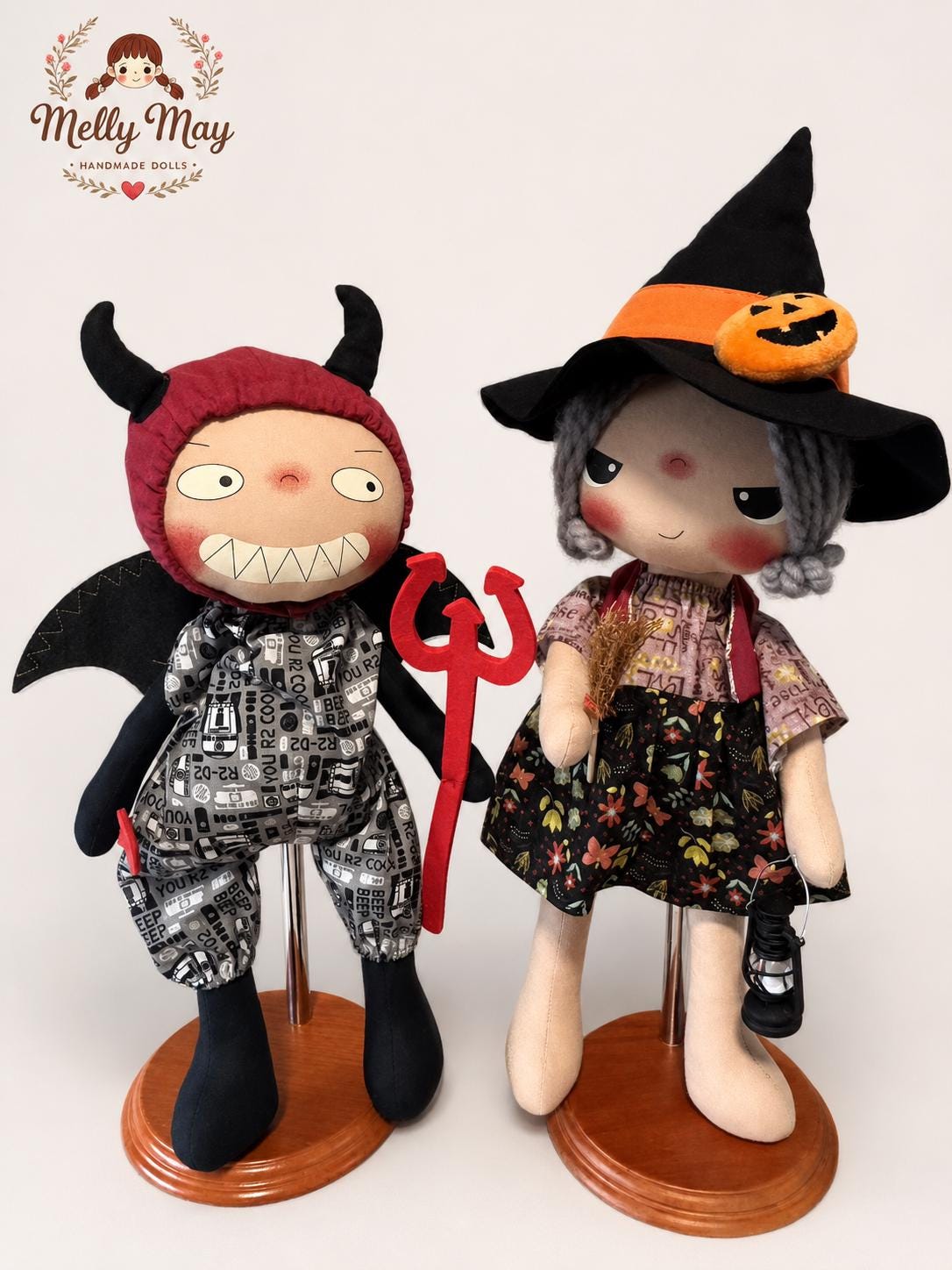 Handmade Halloween Witch Devil Doll Set, Light Up Lantern, Fall Decor