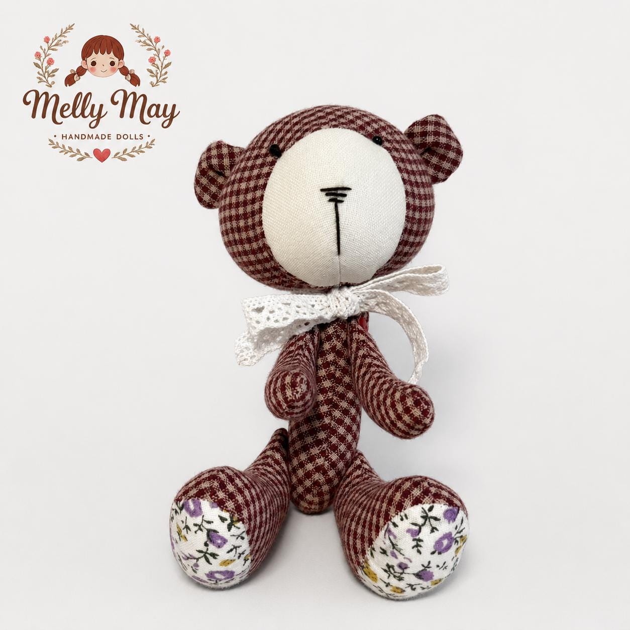 Red Gingham Teddy Bear Bag Charm, Handmade Fabric Doll