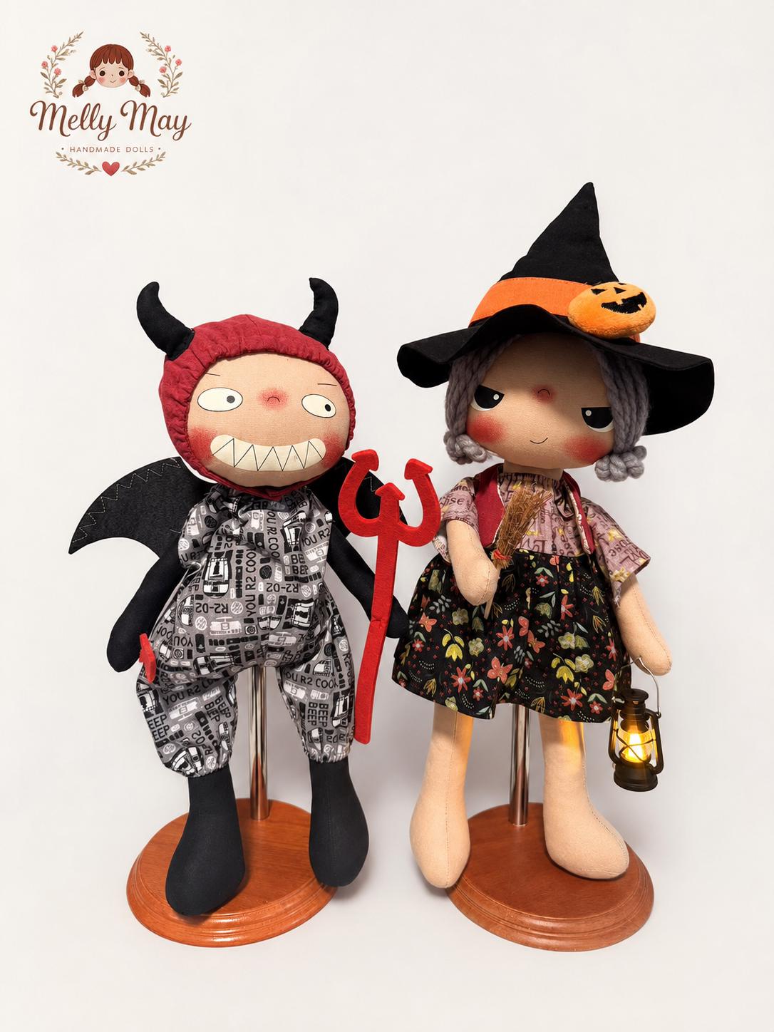 Halloween Devil Handmade Cloth Doll, Big Smile Fabric Art Doll, Fall Collectible Gift