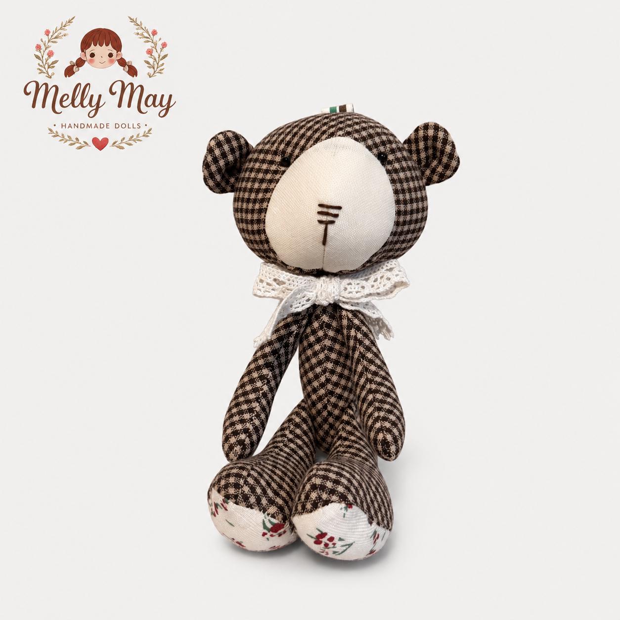 Brown Gingham Teddy Bear Bag Charm, Handmade Fabric Bear Doll, Collectible Nursery Decor Gift